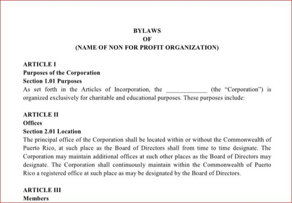 Estatutos Corporativos (Bylaws) Sin Fines - Inglés