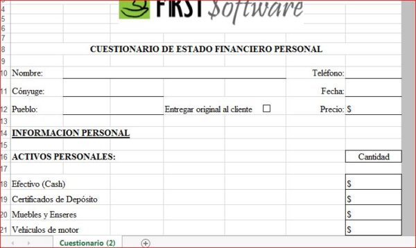 Cuestionario de información para Estado Financiero Personal