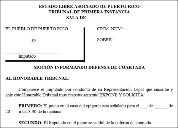 Moción informando defensa de coartada