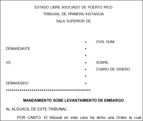 Mandamiento sobre levantamiento de embargo