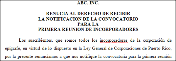 Renuncia al Derecho a Recibir Notificación de 1ra Reunión