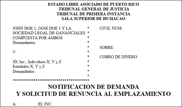 Cobro de Dinero - Ordinario - Notificación de Demanda y Renuncia al Emplazamiento