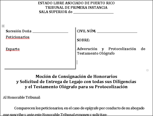 Peticion Testamento Ologrado Mocion Consignacion Honorarios Transcripcion Protocolizacion